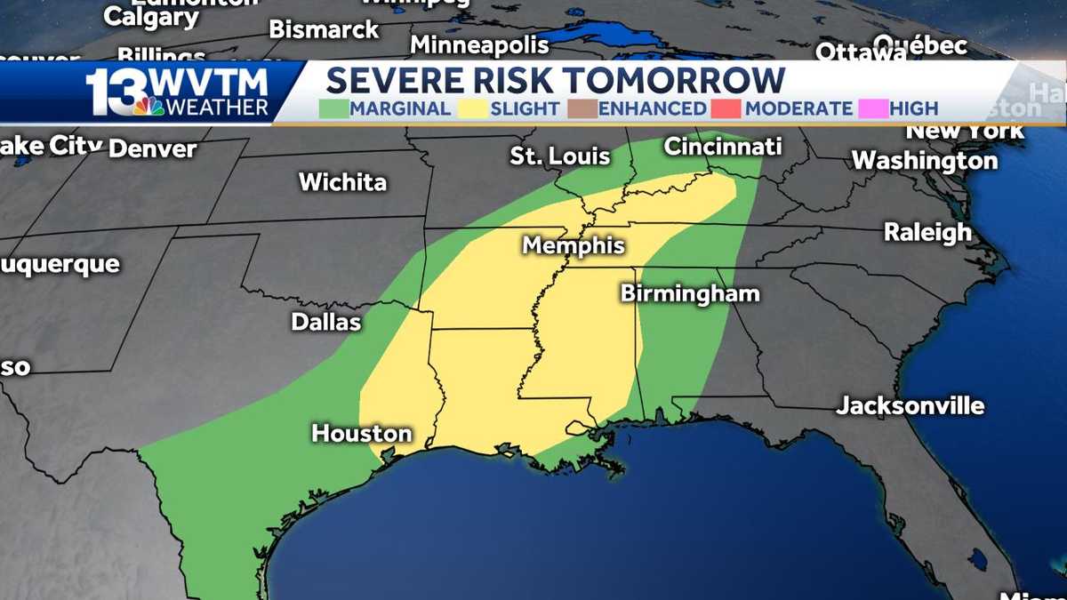 Risk of severe weather in central Alabama on Thursday