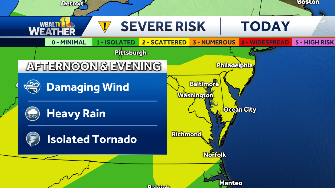 Scattered evening thunderstorms may be severe in some areas