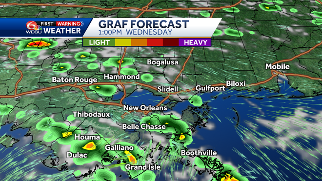 New Orleans weather forecast rain chance high temp Wednesday