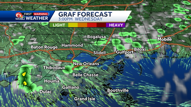 New Orleans weather forecast high temp heat index Wednesday rain