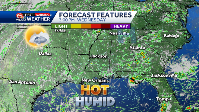 New Orleans weather forecast high temp heat index Wednesday rain