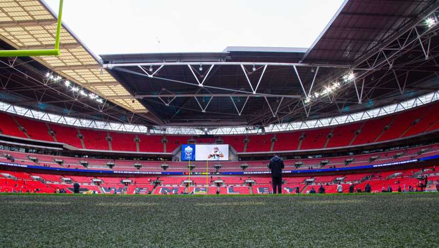 A ground level view of the field at Wembley Stadium before the NFL game between the Houston Texans and the Jacksonville Jaguars on November 03, 2019 at Wembley Stadium, London, England. 