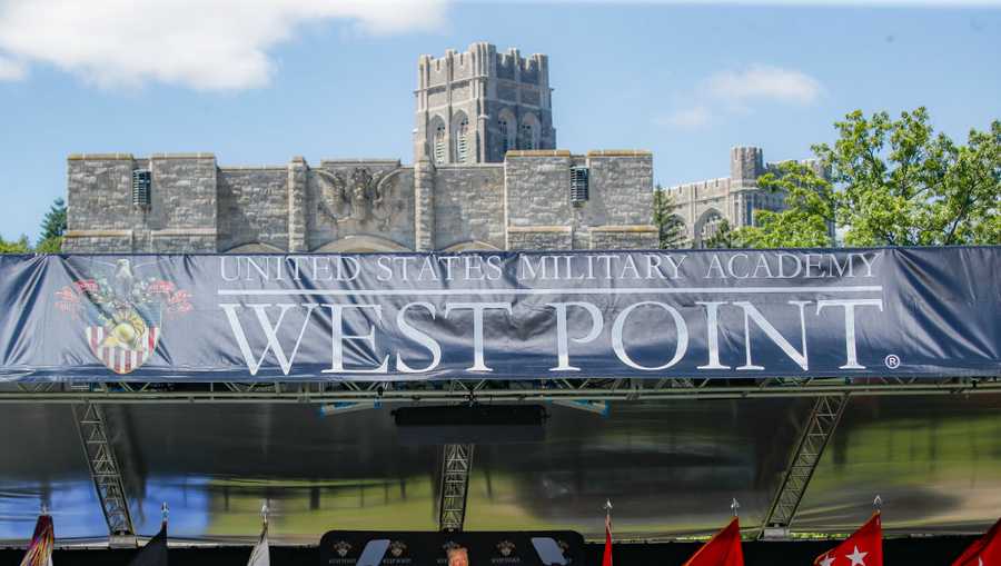 President Donald Trump speaks to West Point graduating cadets during commencement ceremonies at Plain Parade Field at the United States Military Academy on June 13, 2020 in West Point, New York.