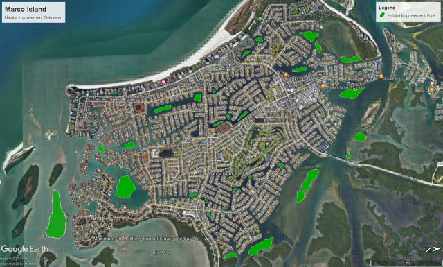 ﻿Locations of proposed island clusters across Marco Island, if the C-HAWQ plan is approved.