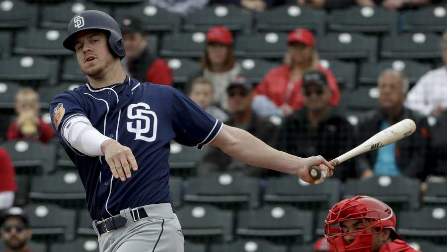 San Diego Padres' Wil Myers bats against the Los Angeles Angels during a spring baseball game in Tempe, Ariz., Monday, Feb. 27, 2017. 