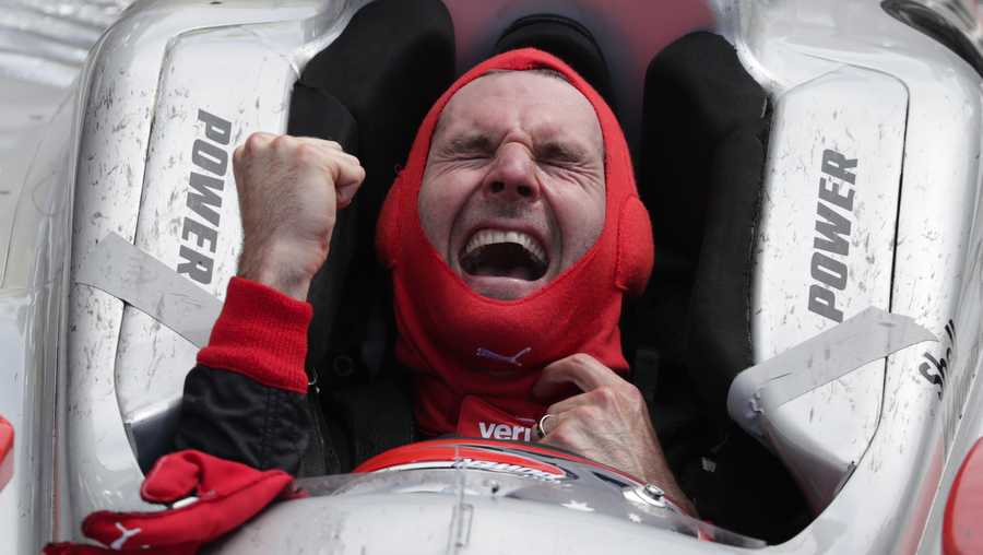 Will Power, of Australia, celebrates after winning the Indianapolis 500 auto race at Indianapolis Motor Speedway in Indianapolis, Sunday, May 27, 2018. 