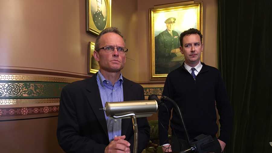 Democratic Party leaders Willem Jewett and Conor Casey hold a news conference at the Statehouse. 