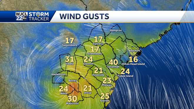 there are now reports of 40 mph winds at the savannah/hilton head international airport.