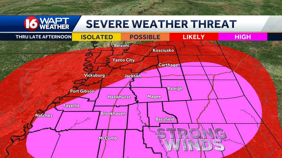 Severe threat updated across central Mississippi due to expected
