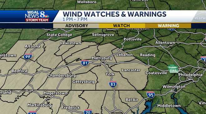 Wind warnings will be in effect for much of Pennsylvania on Tuesday.