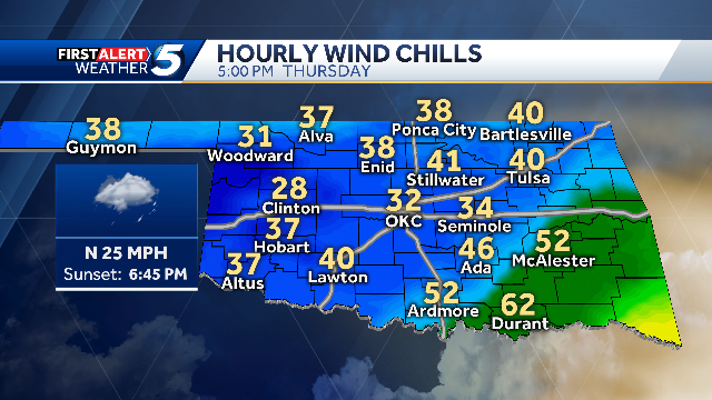 Cold front moving through Oklahoma to bring wind chills in the 30s Thursday