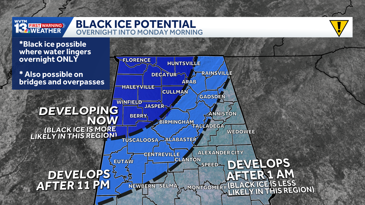 Latest maps and timeline: Black ice possible in Alabama