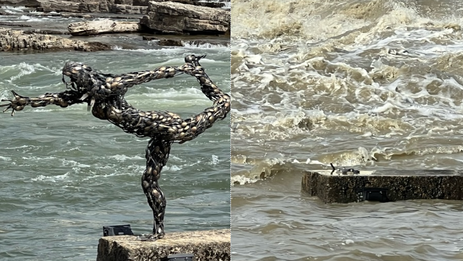 Iconic yoga statue swept away by floodwaters in Burlington