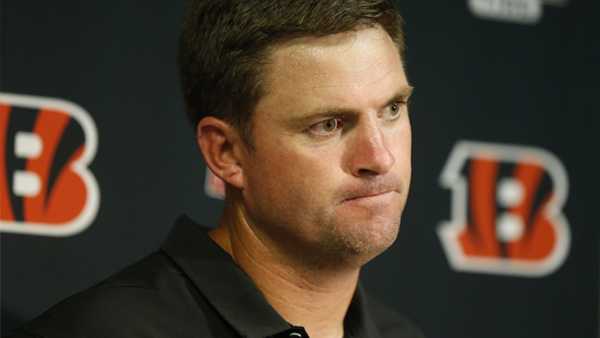 Cincinnati Bengals head coach Zac Taylor speaks during a news conference after an NFL football game against the Buffalo Bills Sunday, Sept. 22, 2019, in Orchard Park, N.Y. The Bills won 21-17. (AP Photo/John Munson)