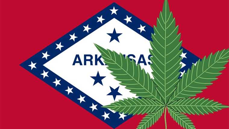 Image of a marijuana leaf superimposed on the Arkansas state flag