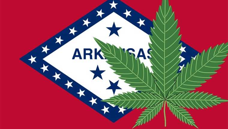 Image of a marijuana leaf superimposed on the Arkansas state flag