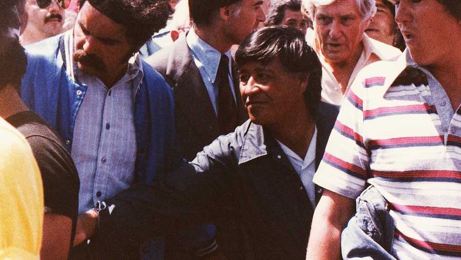 Cesar Chavez is seen marching through Salinas in 1979.