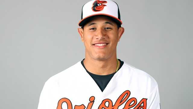 A detail view of Manny Machado of the Baltimore Orioles baseball