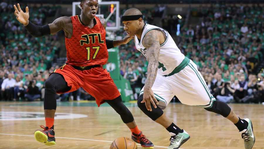 Atlanta Hawks Dennis Schroder guards against Celtics Isaiah Thomas during the first half in Game 4 of a first-round NBA basketball playoff series in Boston on Sunday, April 24, 2016.
