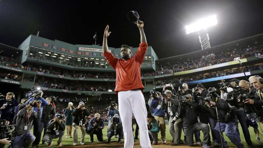 Boston Red Sox's David Ortiz stands on the mound at Fenway Park after Game 3 of baseball's American League Division Series against the Cleveland Indians, Monday, Oct. 10, 2016, in Boston. The Indians won 4-3 to sweep the Red Sox in the series. Ortiz said he will retire at the end of the season.