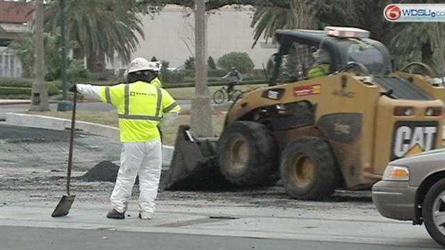 Road work continues in the CBD as New Orleans prepares for the Super Bowl.