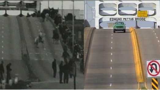 LEFT: Edmund Pettus Bridge during 1965 "Bloody Sunday" attack; RIGHT: Edmund Pettus Bridge during 2015 Bridge Crossing Jubilee celebration.