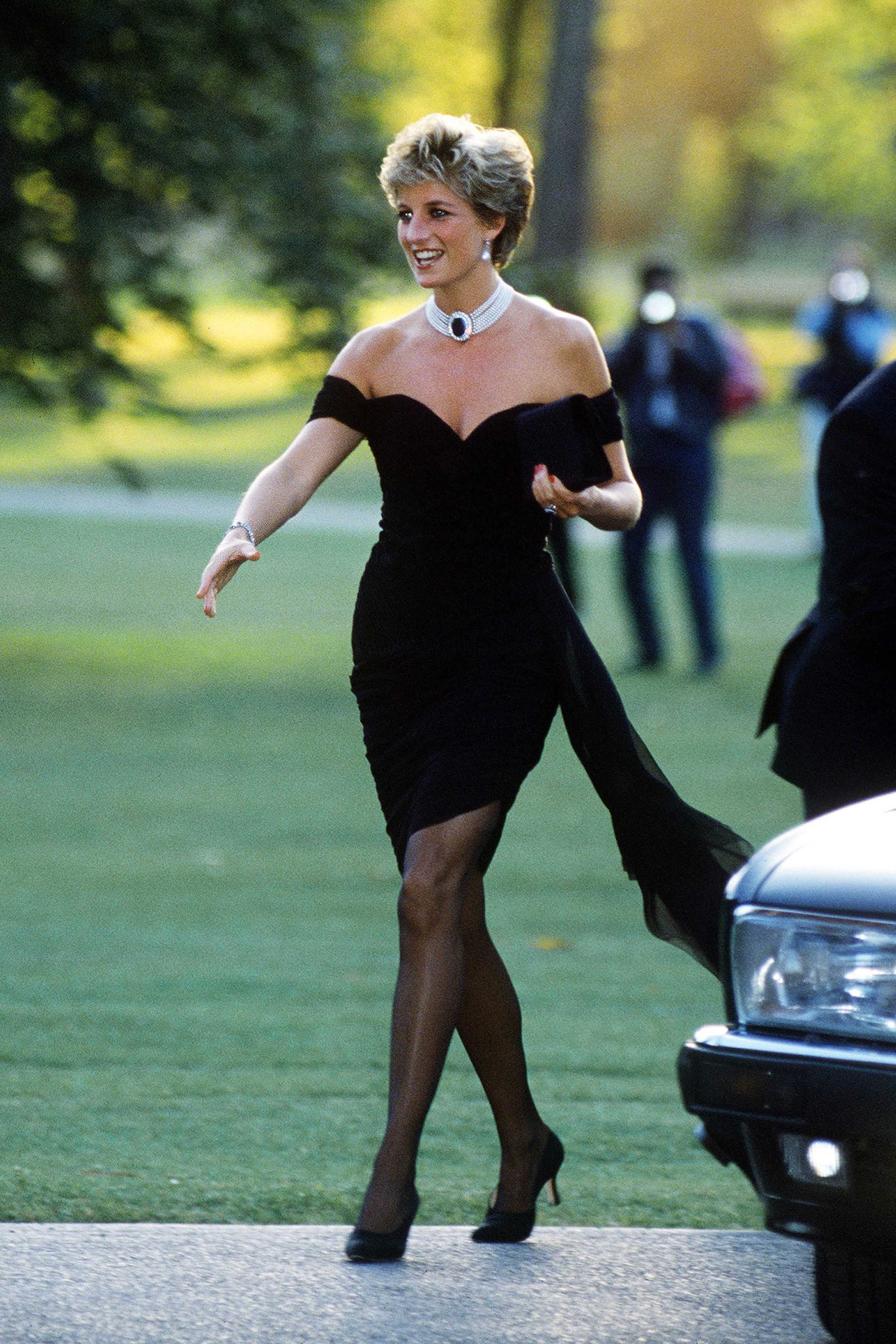 blue and black dress murder Princess Diana's iconic 'revenge dress' is going up for auction natural-waist Satin Off Shoulder High Size:16 (32/33)
