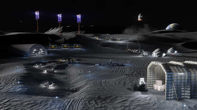 Artist’s rendering depicting lunar surface operations at a future base in the lunar South Pole.
