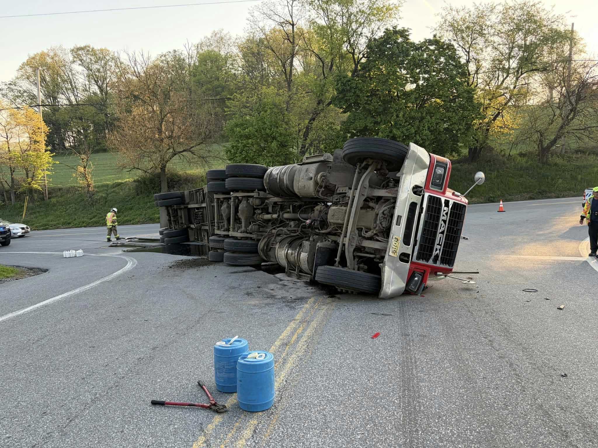 Hazmat team called after trash truck overturns, shuts down Pa. roads - WGAL