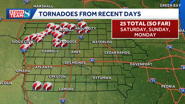 25 tornadoes confirmed so far in Iowa from recent storms