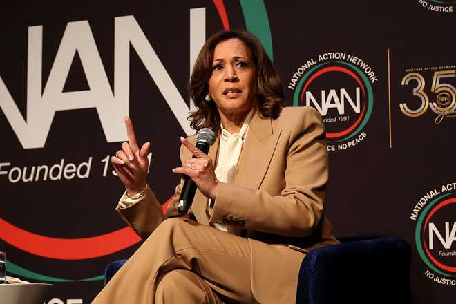 NEW YORK, NEW YORK - APRIL 10: Kamala Harris speaks during The National Action Network Convention 2026 on April 10, 2026 in New York City.  (Photo by Johnny Nunez/WireImage)