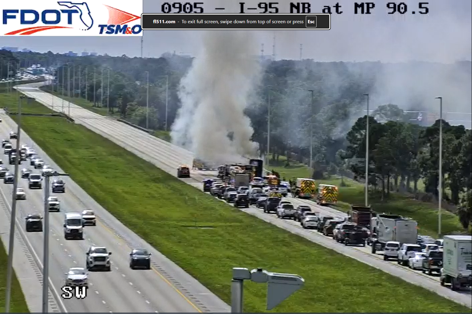 VIDEO: Charter bus fire closes all southbound I-95 lanes in Martin County