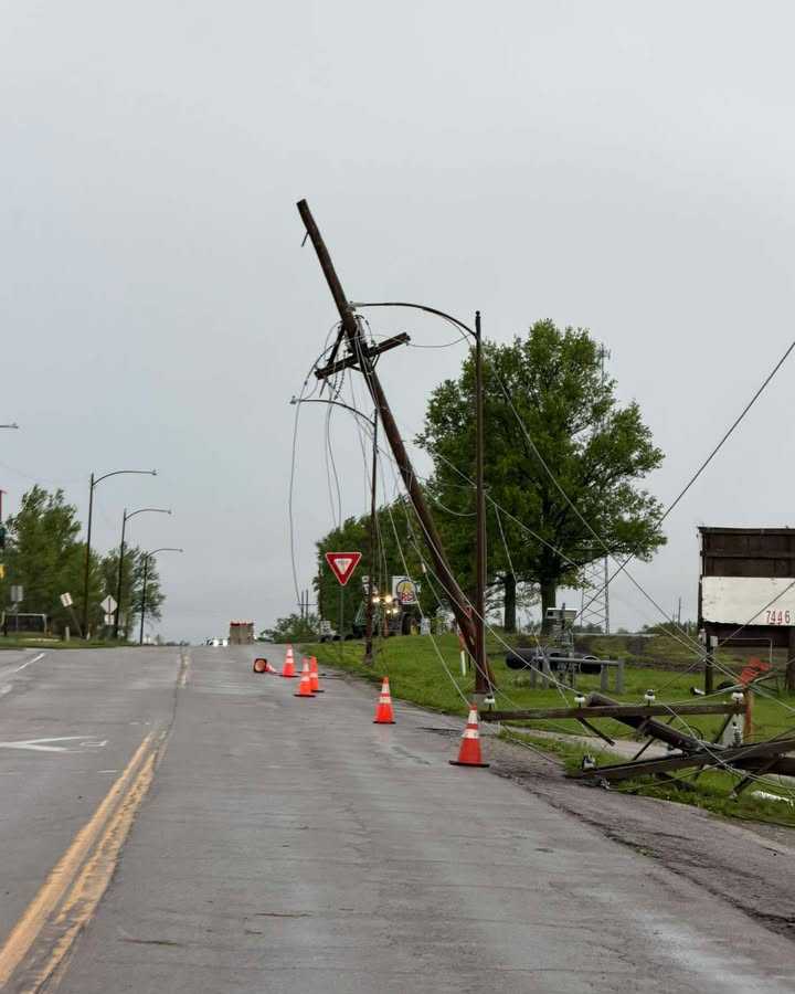 Power lines are knocked down in Slater, Missouri, after tornado-warned storms on April 27, 2026.