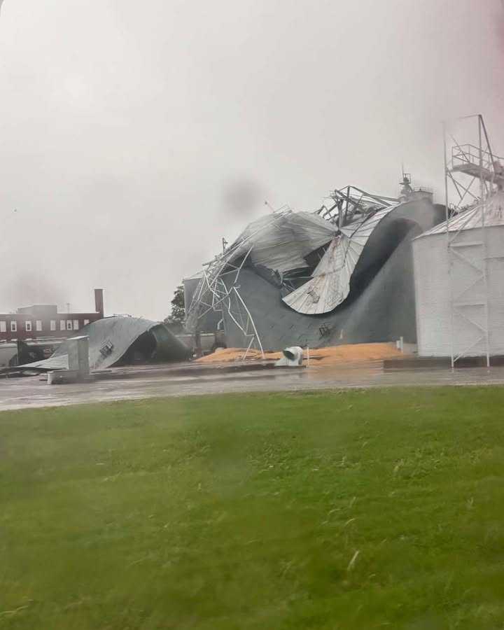 Damage is seen in Slater, Missouri, after tornado-warned storms early on April 27, 2026.