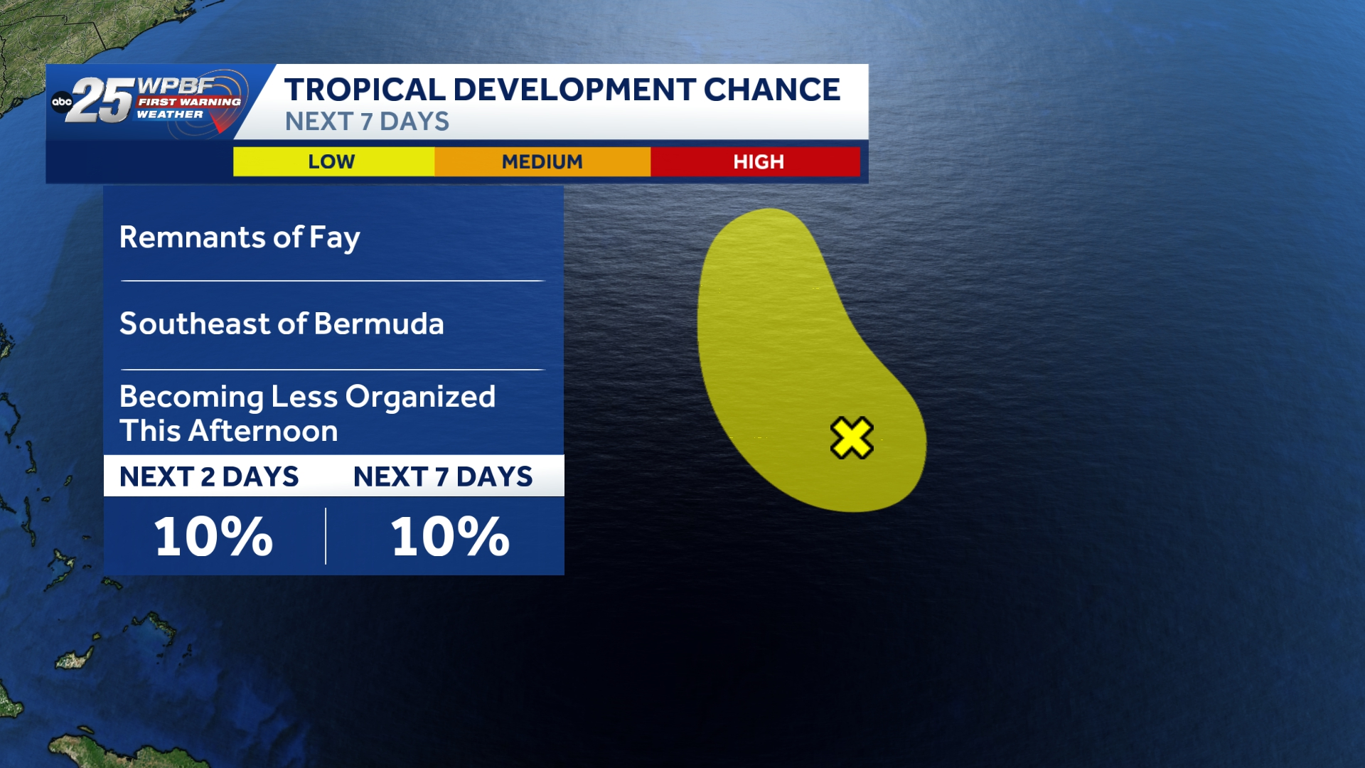 Remnants of Tropical Storm Fay unlikely to reorganize near Bermuda