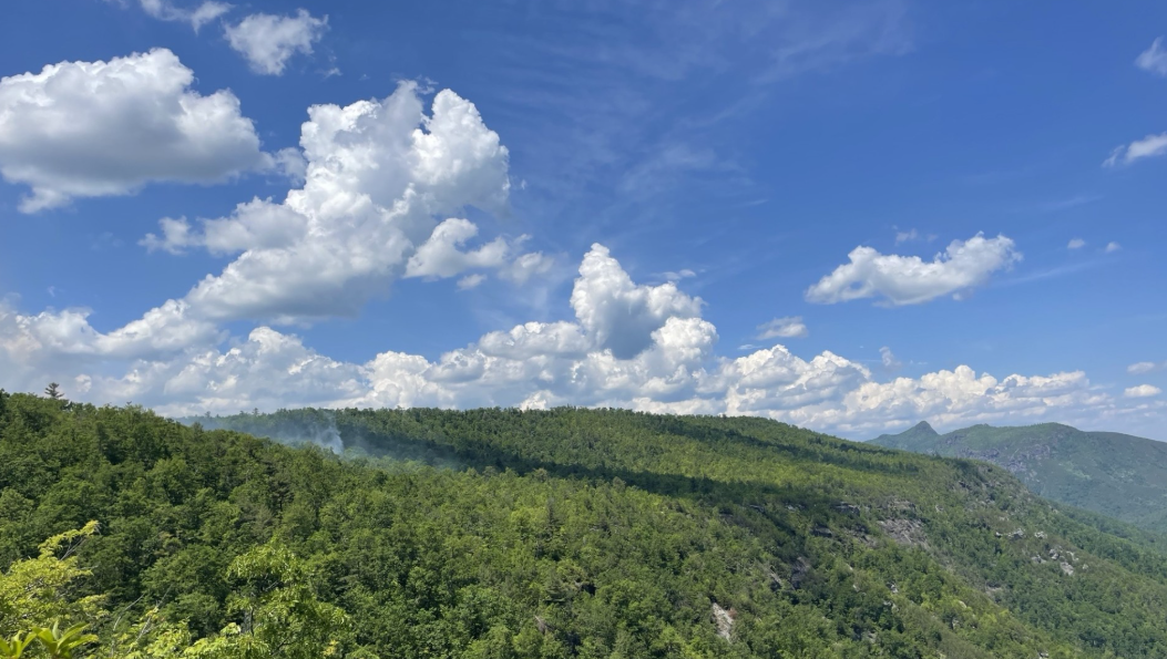 Wildfire burning near Linville Gorge in North Carolina in Pisgah National Forest