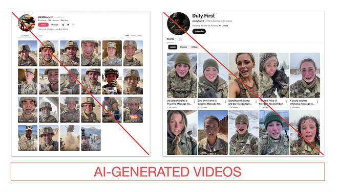 Screenshots from TikTok and YouTube of accounts posting AI-generated videos of soldiers crying.