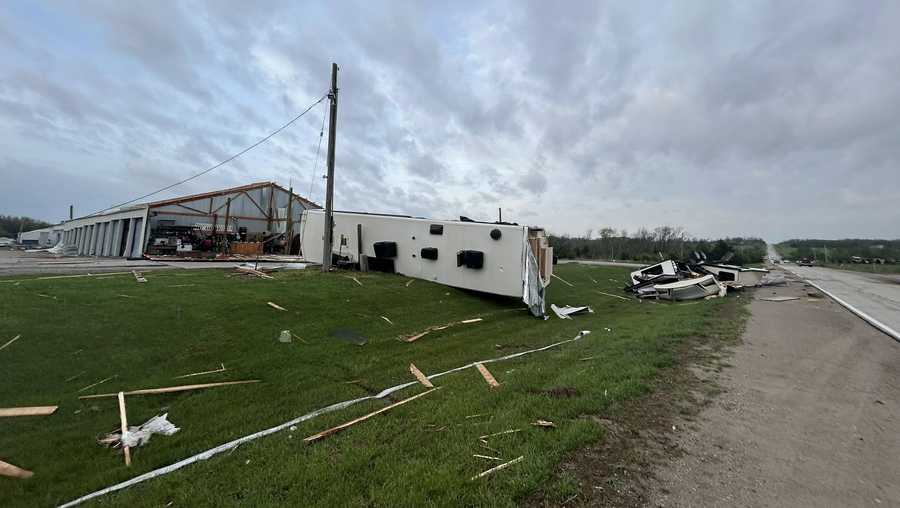 Damage is seen in Hillsdale, Kansas, after a tornado-warned storm on April 13, 2026.