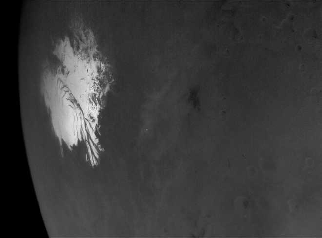This is Psyche's highest-resolution view of the icy south polar cap of Mars.