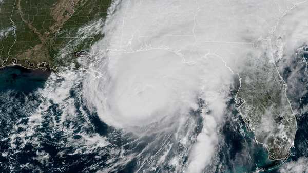 This GOES-19 GeoColor satellite image provided by the National Oceanic and Atmospheric Administration (NOAA) and taken at 1:06 p.m. EDT, Friday, Oct. 9 2026, shows Hurricane Isaias approaching the Gulf Coast of Alabama and Florida . (NOAA via AP)