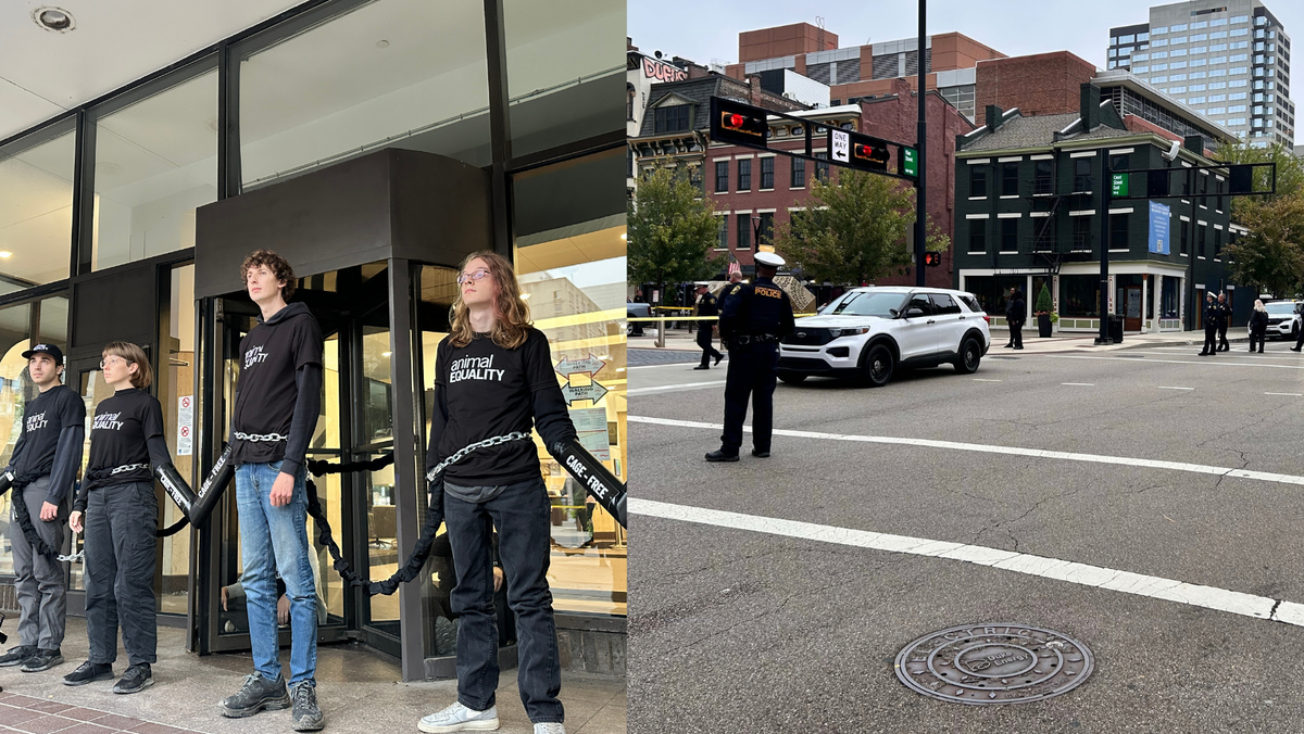Downtown streets blocked off due to animal rights protest at Kroger's Cincinnati...