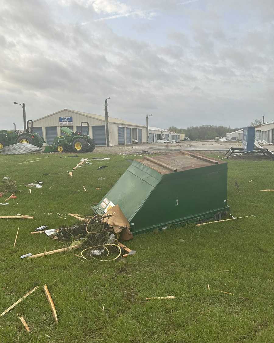 Damage is seen in Hillsdale, Kansas, after a tornado-warned storm on April 13, 2026.