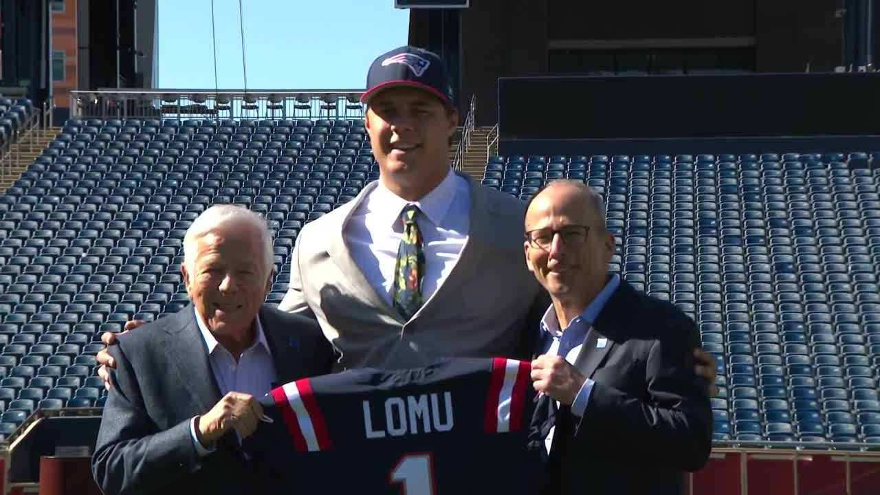 Patriots introduce first round pick Caleb Lomu at rookie mini camp