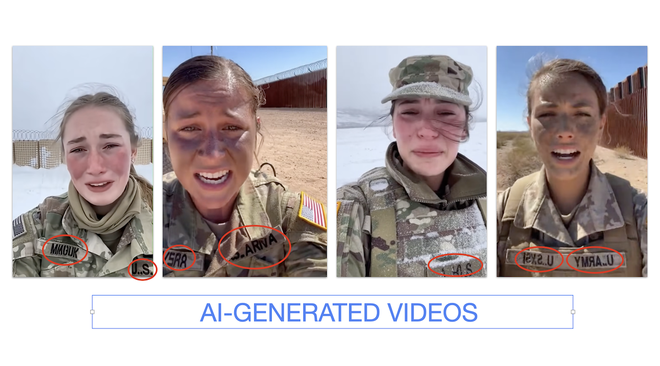 Screenshots of AI-generated videos of soldiers crying, with the imperfections circled to show it is fake.