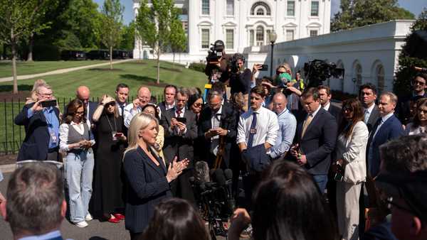 White House press secretary Karoline Leavitt speaks with reporters outside the White House, Wednesday, April 22, 2026, in Washington. (AP Photo/Mark Schiefelbein)