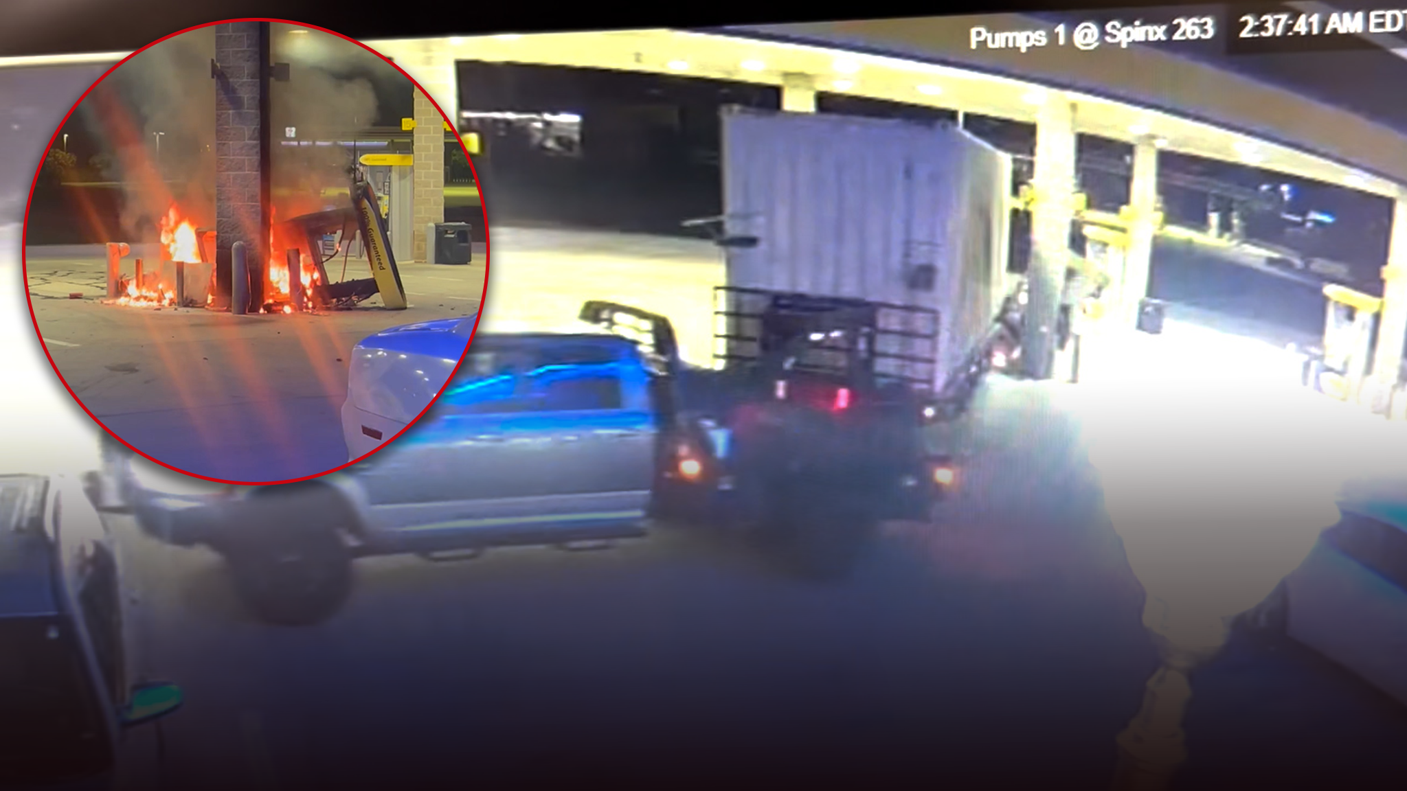 Video shows truck knock over gas pump, causing pump to ignite