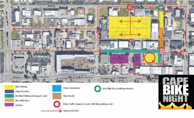 ﻿road closures, detours and motorcycle parking for cape coral bike night on april 11