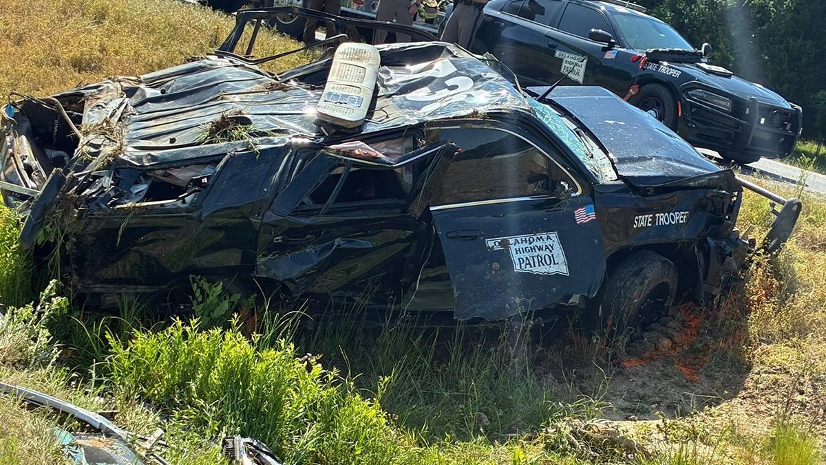 Pictures show trooper's vehicle totaled, mangled after crash in eastern Oklahoma