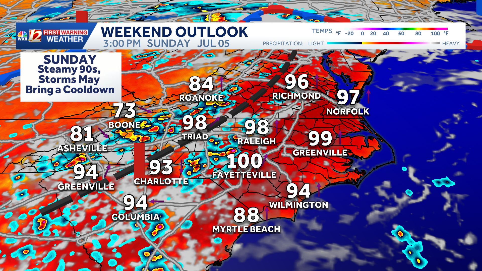 Steamy 90s Sunday and Monday in North Carolina | Risk of damaging wind and torrential downours