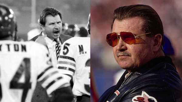 View of American football coach Mike Ditka (center), of the Chicago Bears, as he talks with his team on the sidelines with #2 QB Doug Flutie, Detroit, Michigan, December 15, 1986. Among those visible are Walter Payton (number 34) and Neal Anderson (35). (Photo by Steve Kagan/Getty Images)